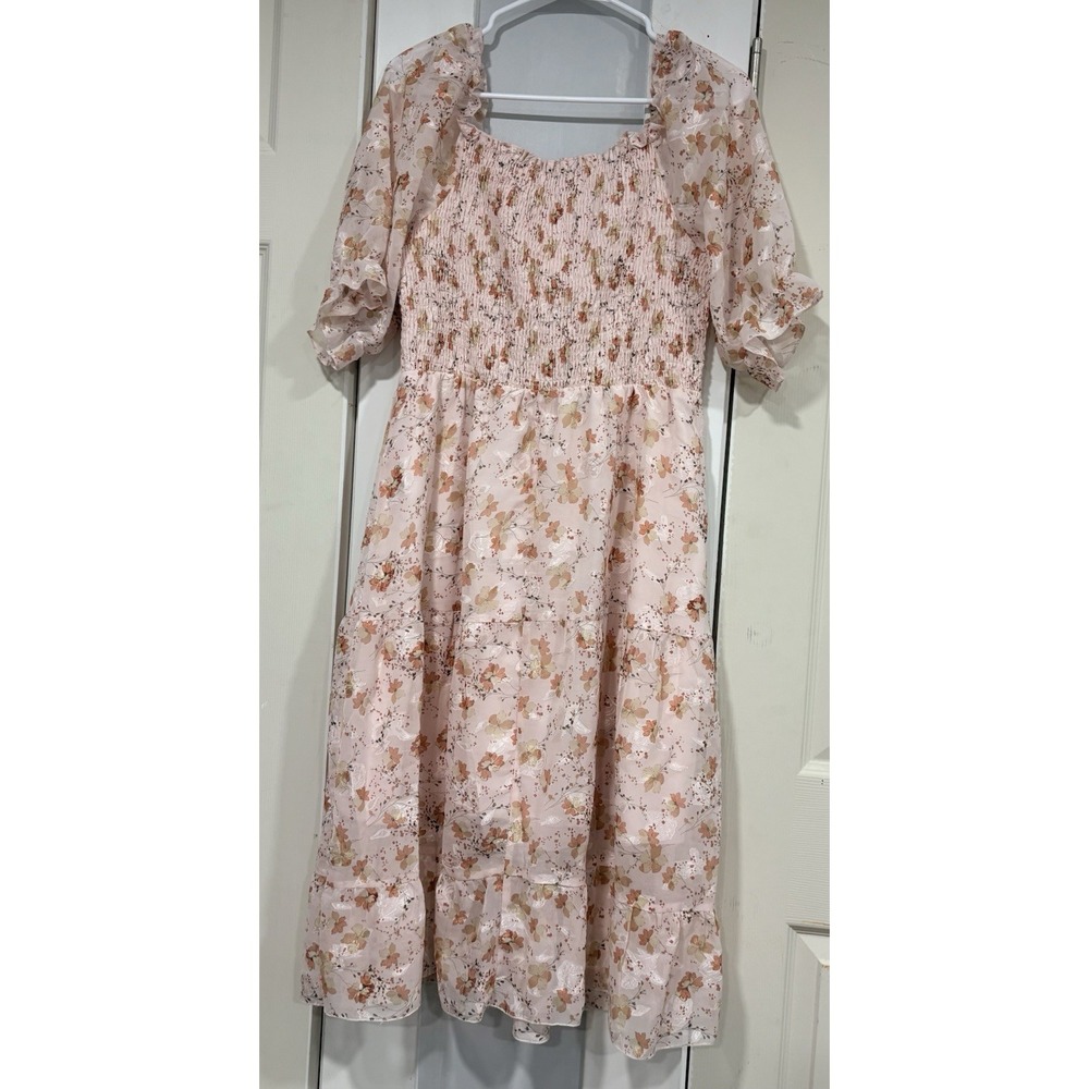 Sissyaki Women's L Pink Floral Smocked Square Neck Puff Sleeve Midi A-Line - Picture 2 of 10